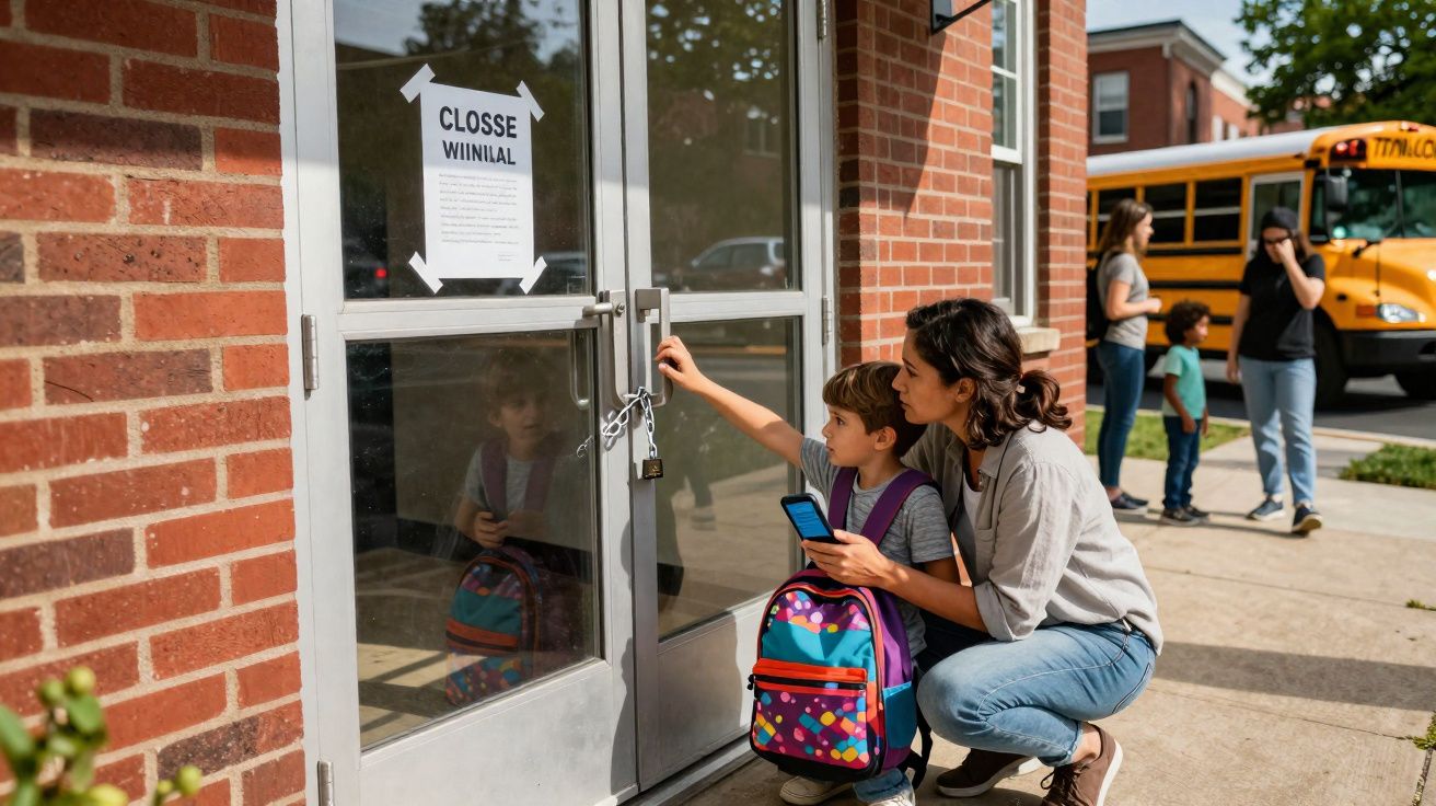 Mãe e filho com mochilas em frente a escola fechada, criança tenta abrir porta trancada com correntes.