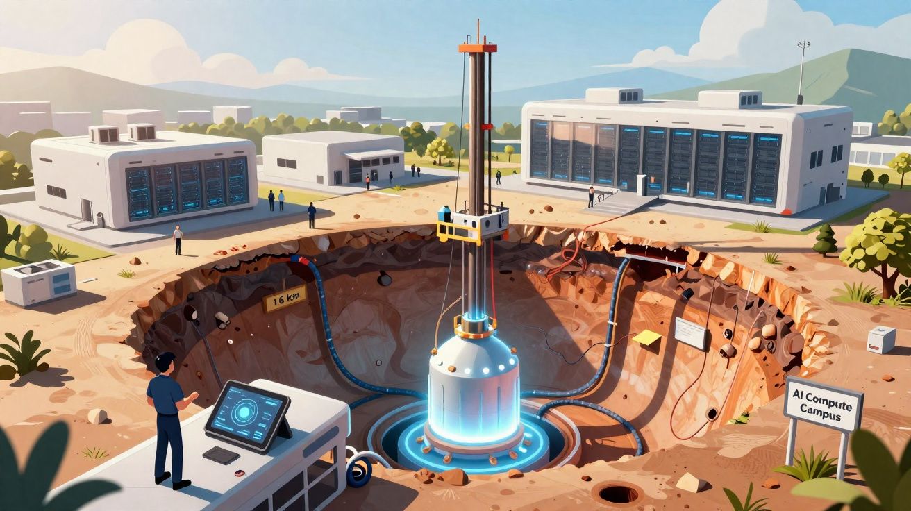 Centro de computação de IA subterrâneo com máquinas e instalações tecnológicas em paisagem desértica.