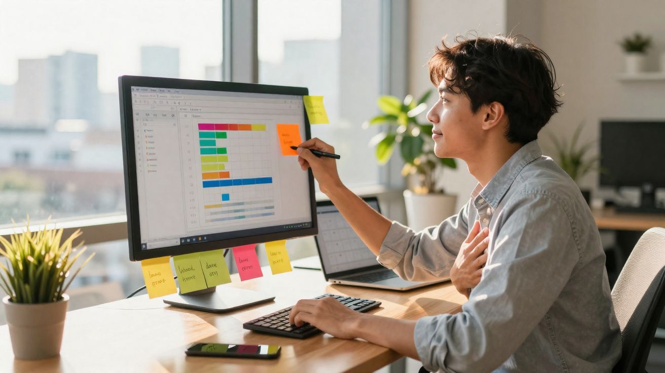 Pessoa jovem analisando gráfico colorido no monitor de computador em escritório iluminado por luz natural.