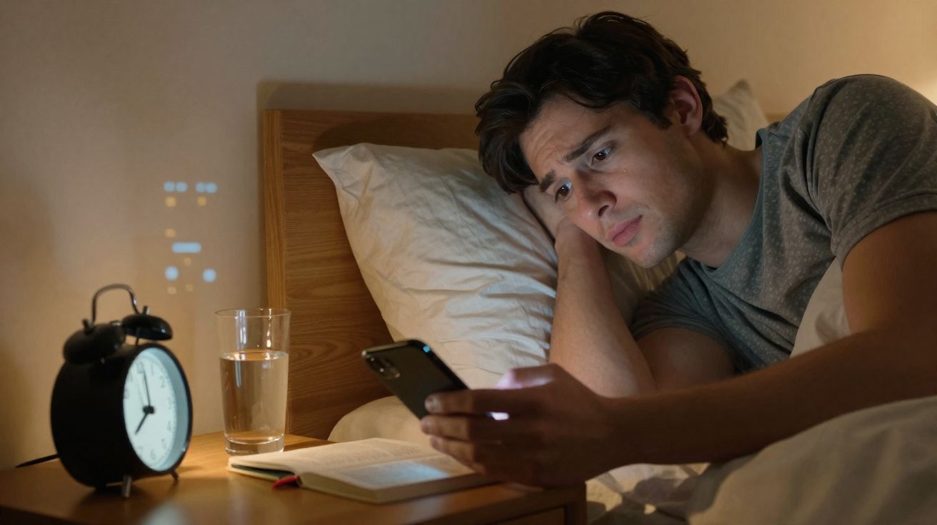 Homem deitado na cama olhando preocupado para o celular ao lado de um copo d'água e relógio.