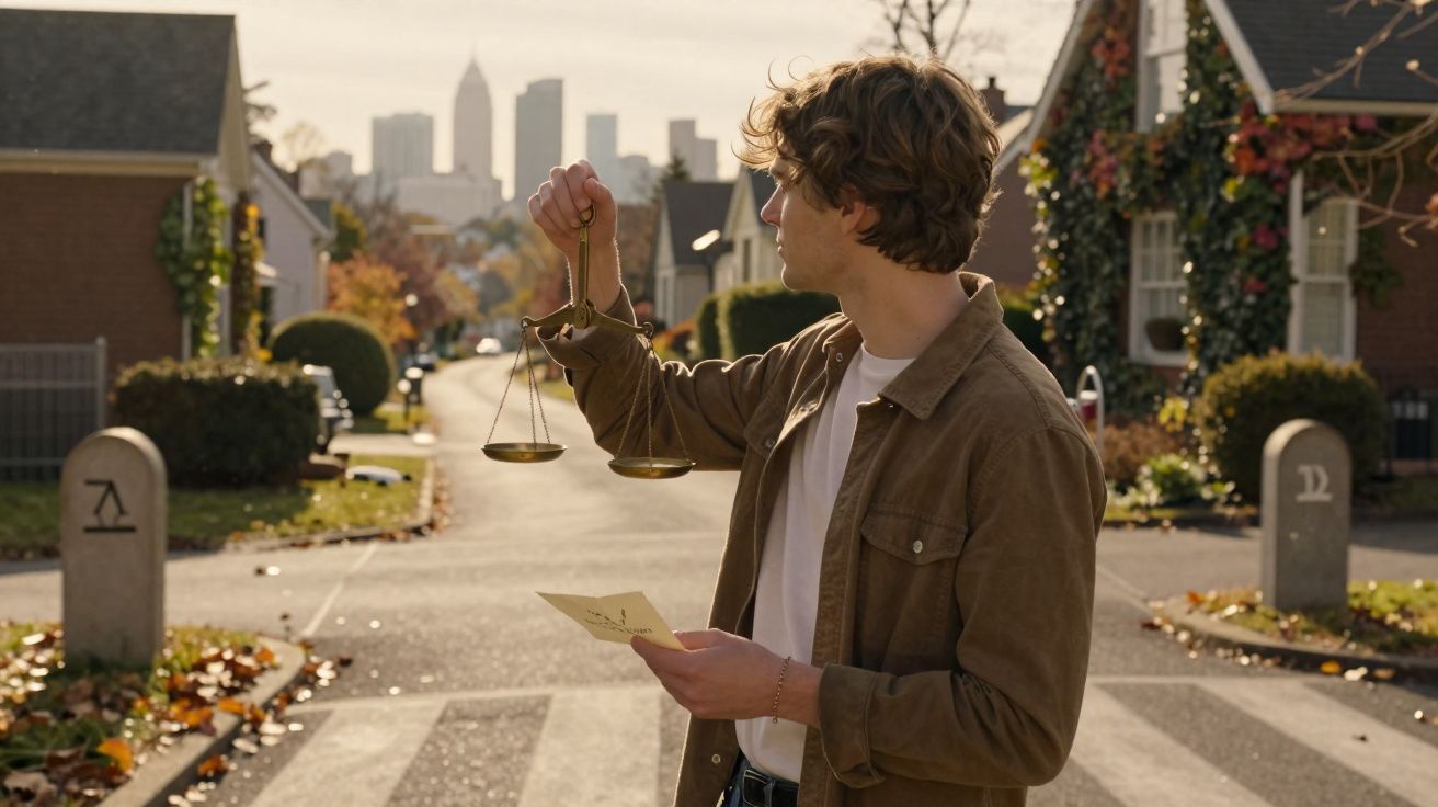 Jovem de perfil segura balança de justiça e um papel, em rua residencial com casas e cidade ao fundo.