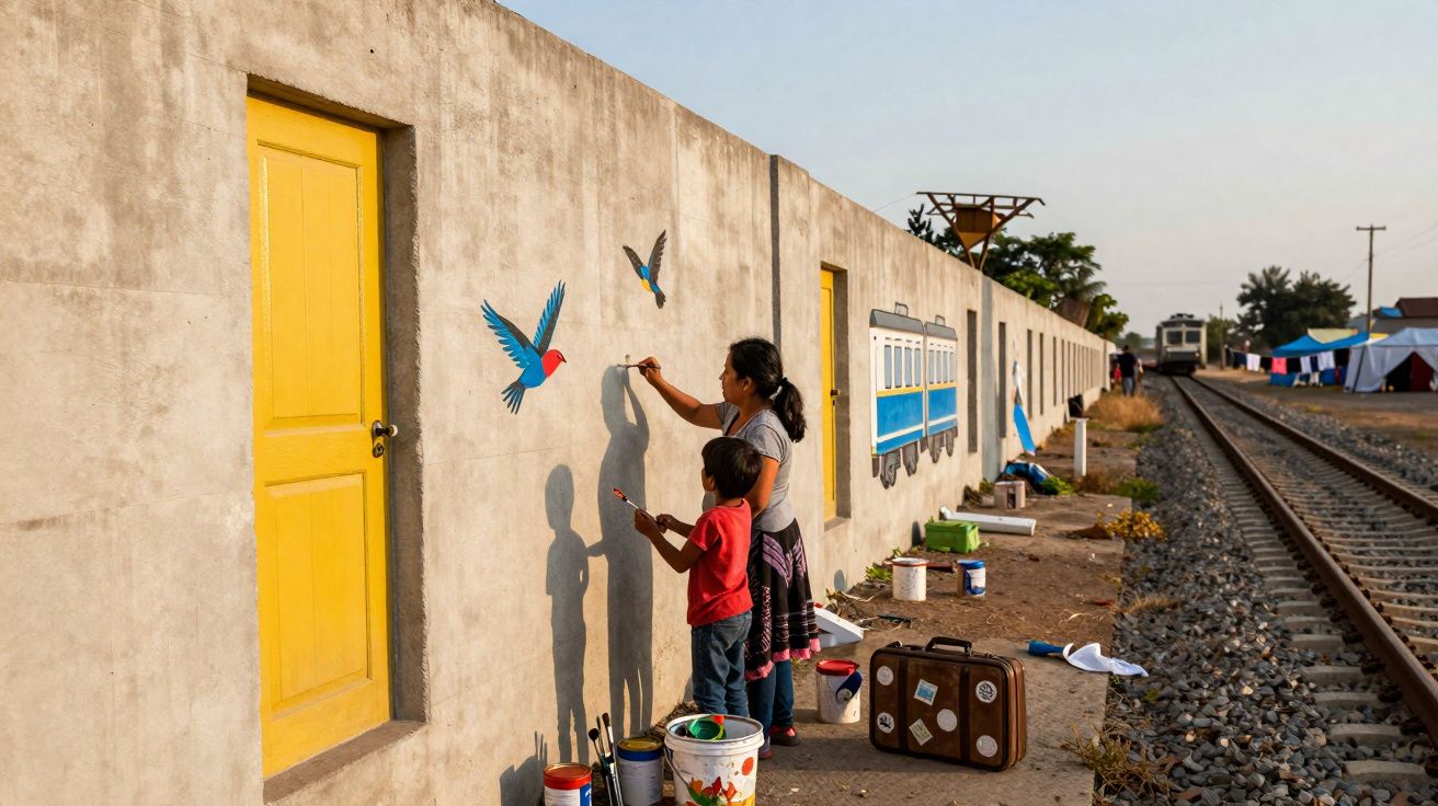 Mulher e criança pintando pássaros e um bonde na parede ao lado de trilhos de trem.