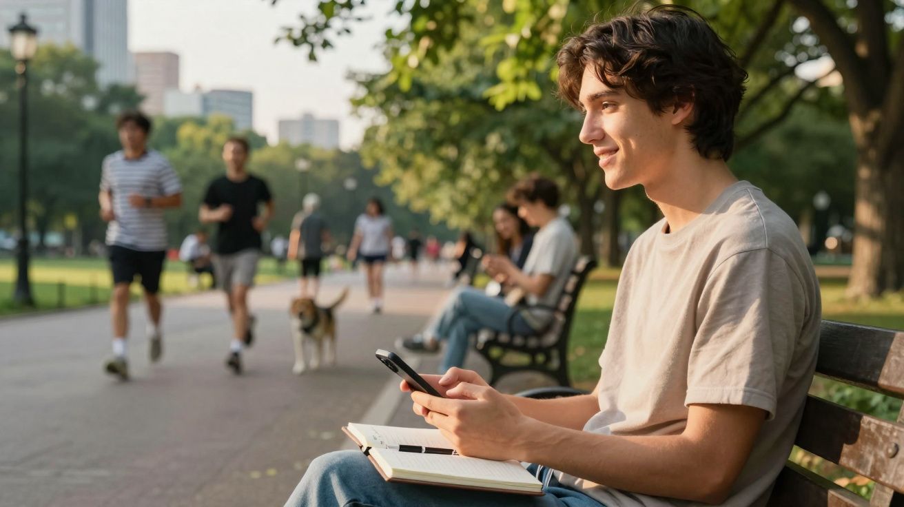 Jovem sentado em banco de parque usando celular e caderno, com pessoas caminhando e correndo ao fundo.