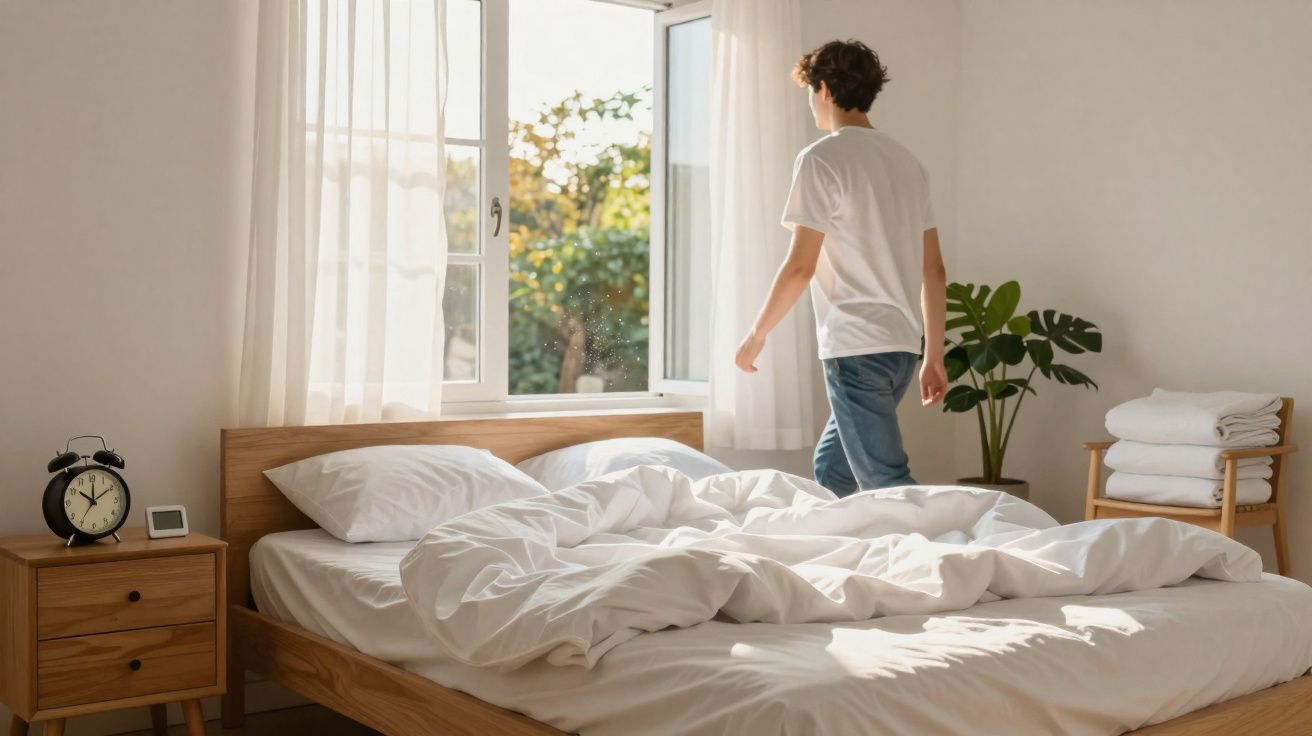 Pessoa abrindo janela em quarto iluminado com cama desfeita e móveis de madeira clara.