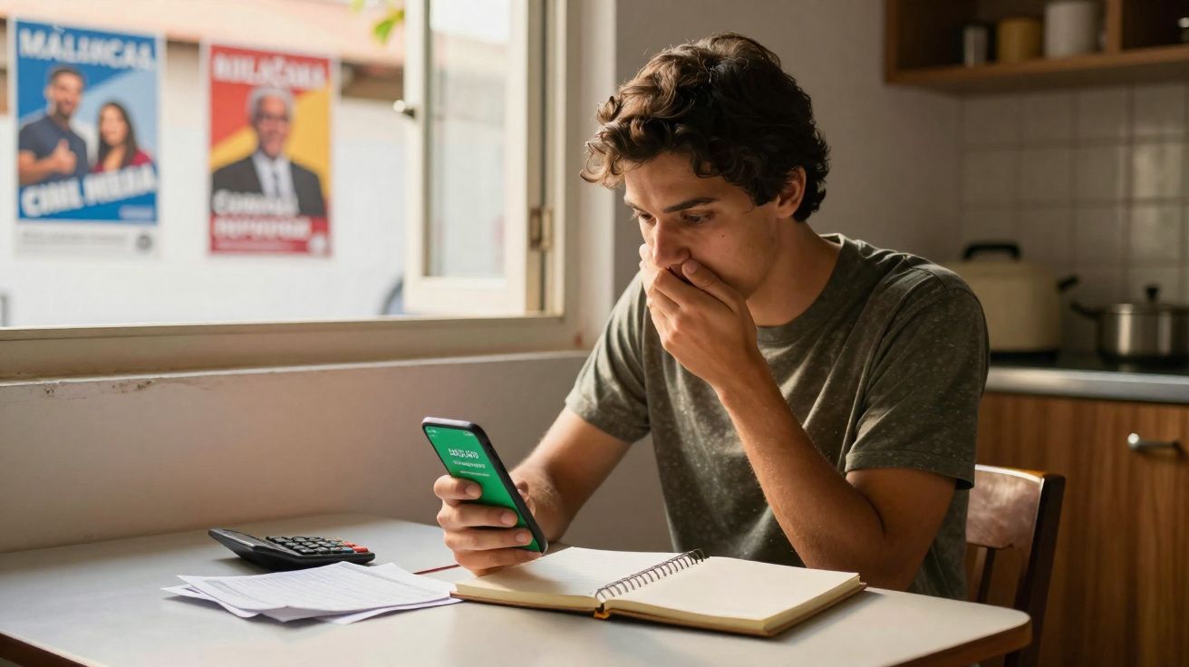 Jovem sentado à mesa olhando preocupado para celular com planilha, calculadora e caderno à sua frente.