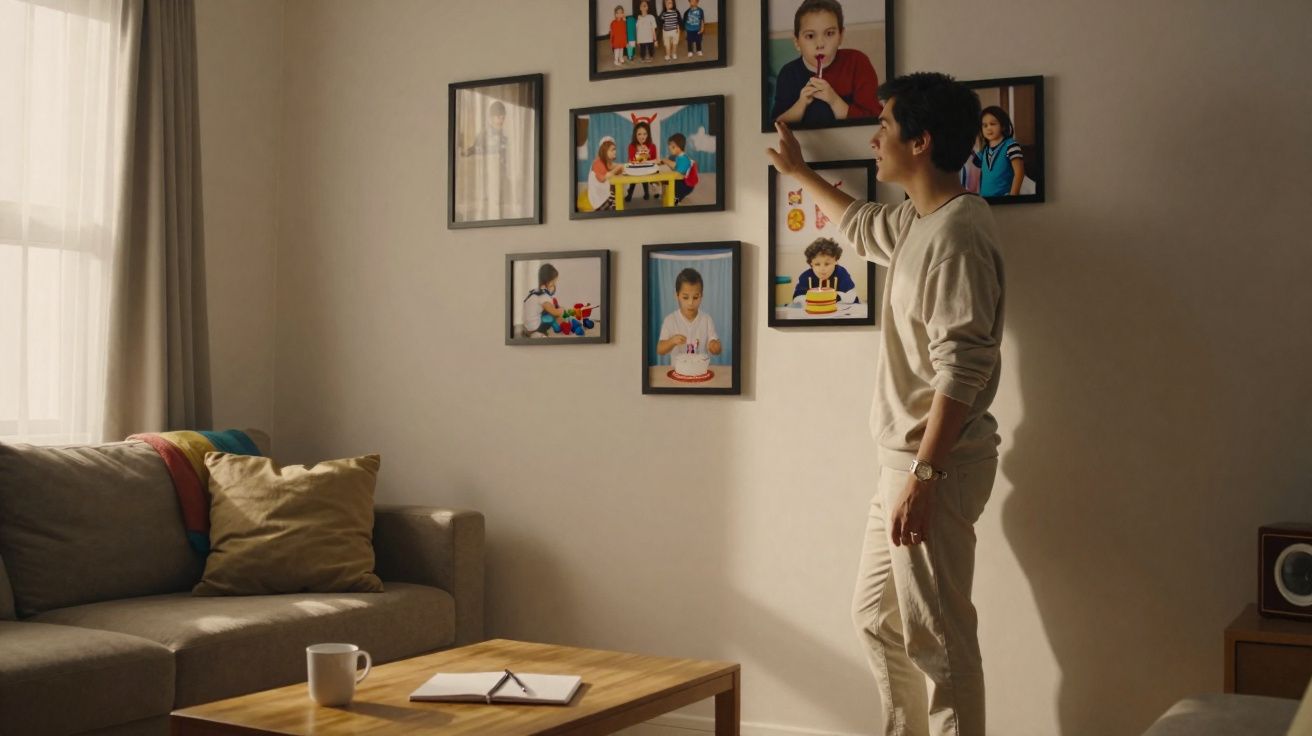 Homem tocando quadro com fotos de crianças em parede de sala com sofá, mesa e caderno.