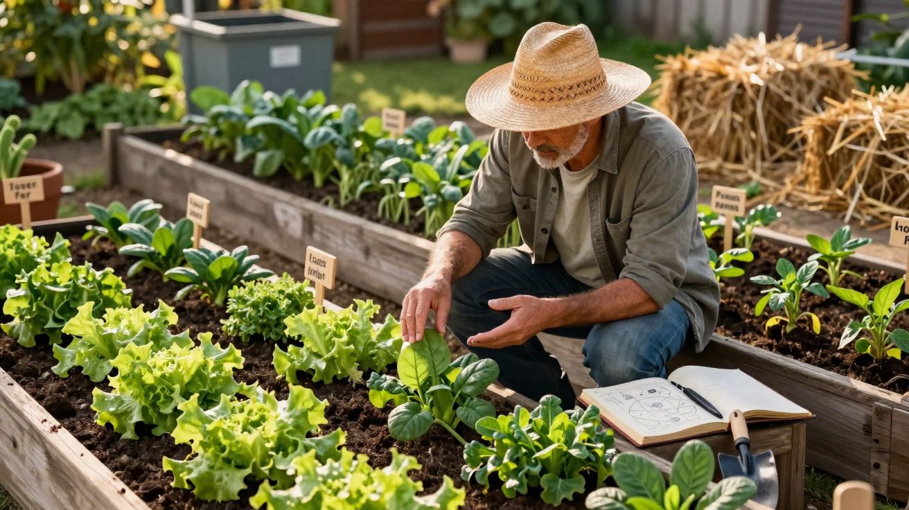 Homem com chapéu cuidando de plantas em canteiro elevado de horta orgânica com caderno e ferramenta ao lado.