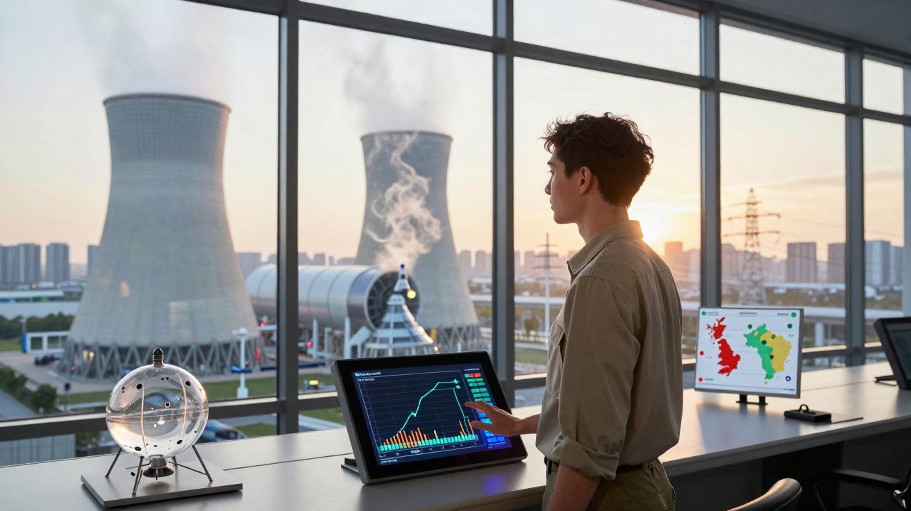 Homem observa usina nuclear pela janela enquanto interage com tela gráfica digital.