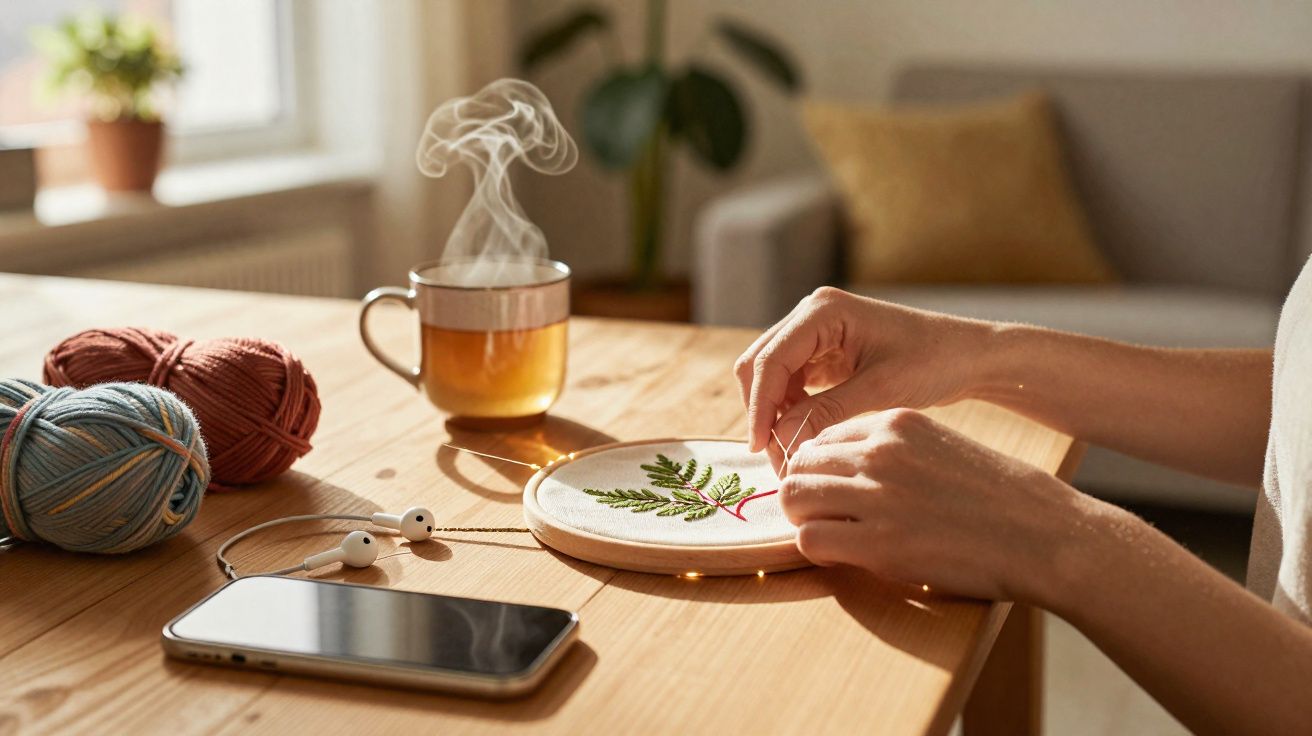 Mãos bordando folha em bastidor, com celular, fones, novelos de lã e xícara de chá fumegante à mesa.