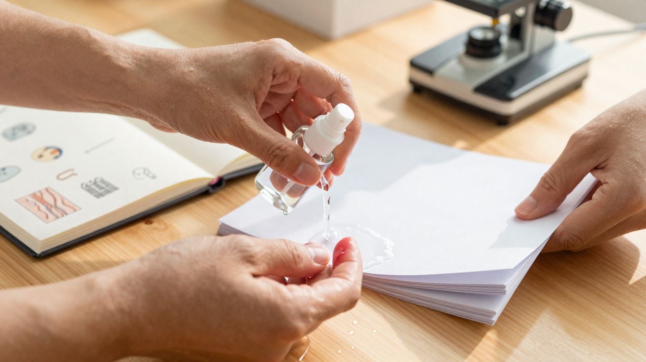 Pessoa aplicando gota de líquido em papel sobre mesa com microvisor e livro aberto ao fundo.