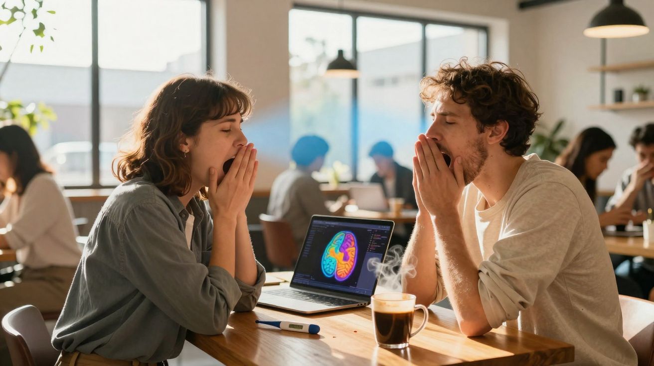 Duas pessoas bocejando sentadas em uma mesa com laptop e café em ambiente iluminado e descontraído.