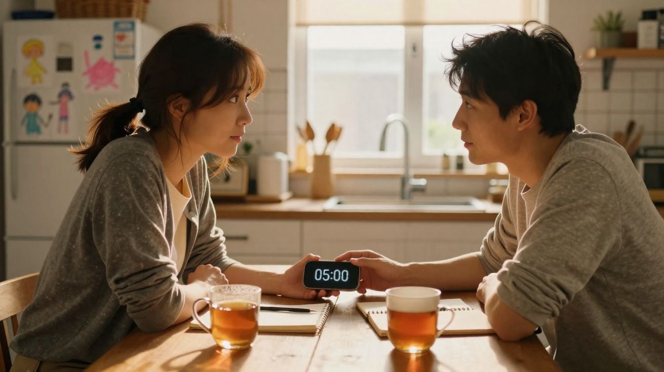Casal sentado em mesa de madeira na cozinha olhando um para o outro com um celular mostrando 05:00.