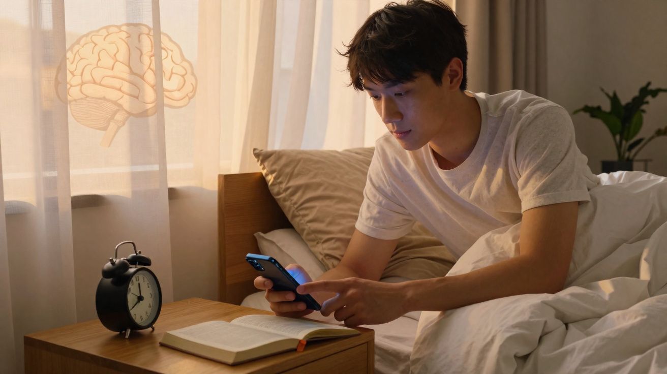 Homem na cama usando celular ao lado de livro aberto e relógio sobre criado-mudo com cérebro desenhado na cortina.