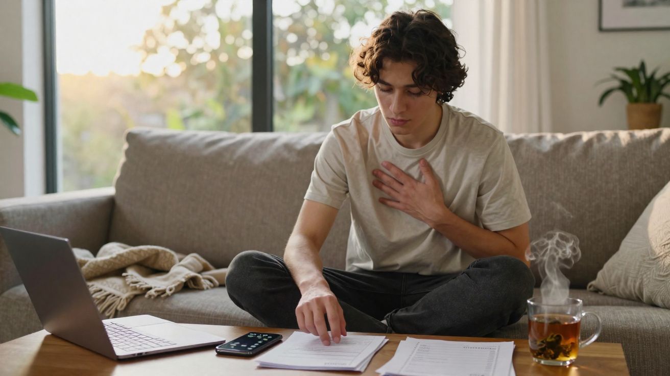 Jovem sentado no sofá com documentos, laptop e chá quente, segurando o peito com expressão preocupada.