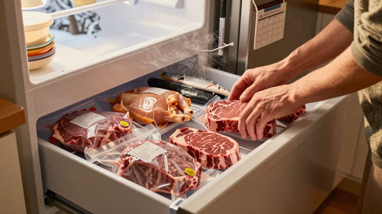 Mãos segurando bife cru em gaveta de freezer com carnes embaladas e congeladas.