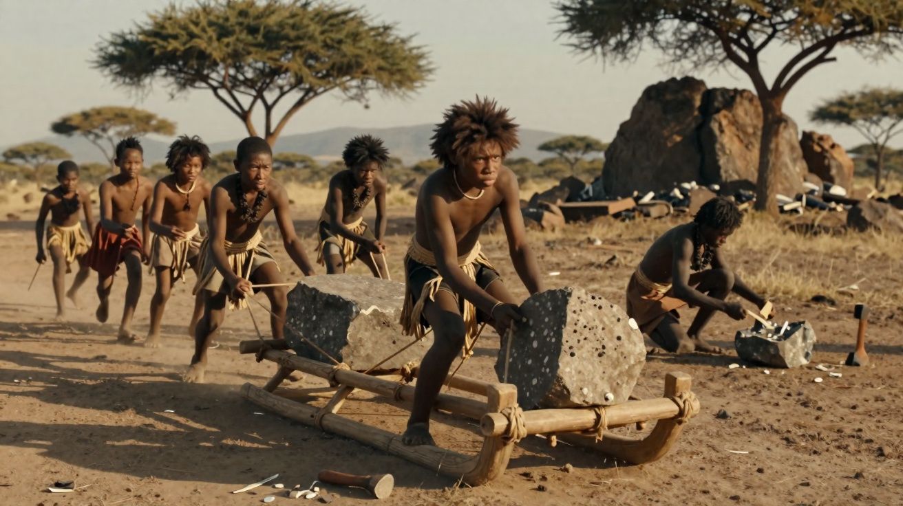 Crianças indígenas usando roupas tradicionais puxam um trenó rústico com pedras em ambiente seco e arborizado.