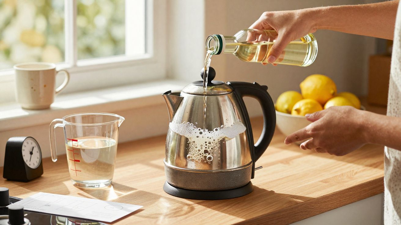 Mãos despejando líquido em chaleira elétrica na bancada de madeira com jarra, relógio e limões ao fundo.