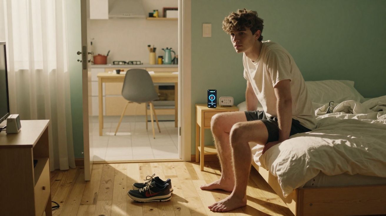 Homem sentado na cama em quarto iluminado, tênis no chão e smartphone ao lado em mesa de cabeceira.