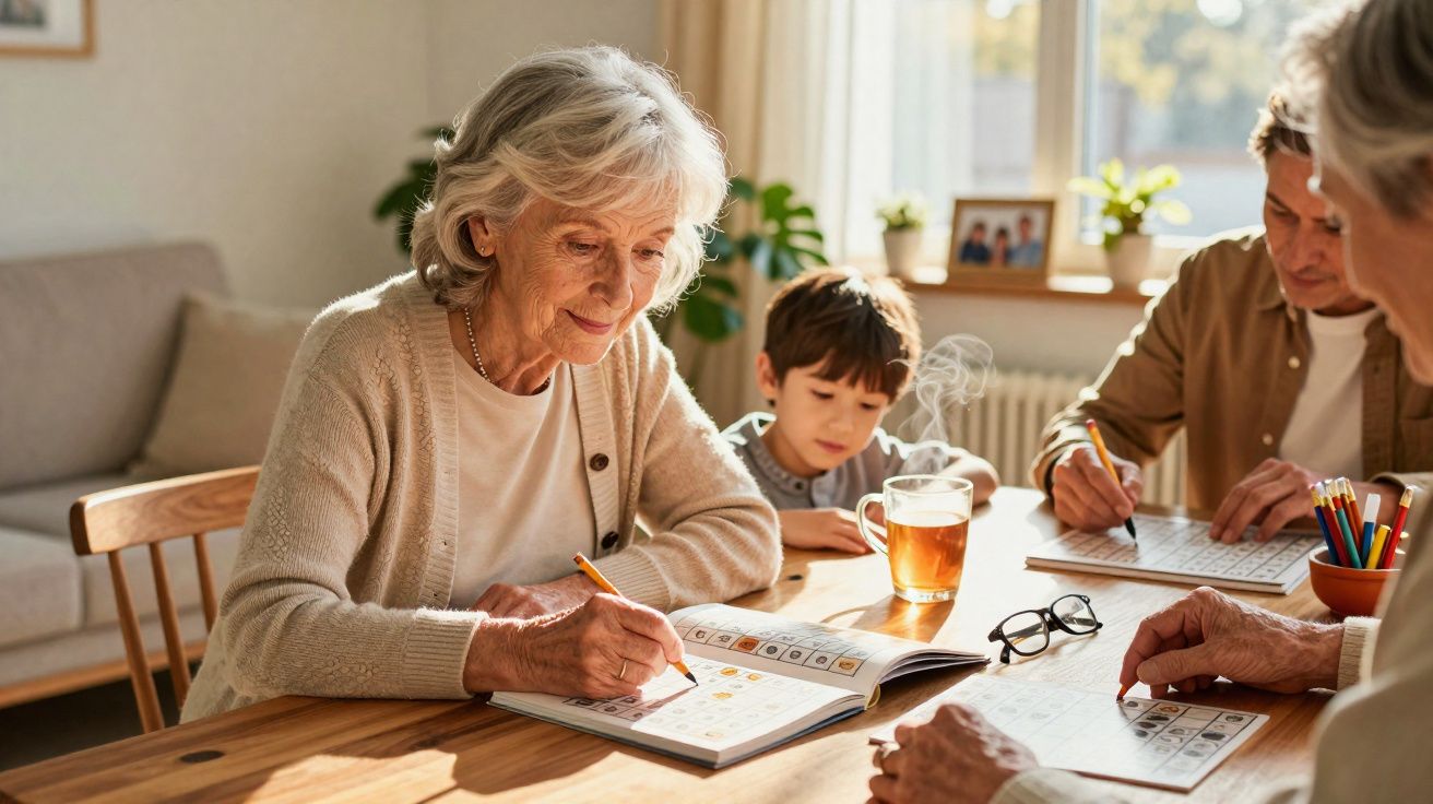 Grupo familiar com idosos e criança concentrados em atividades de raciocínio em mesa de madeira iluminada pelo sol.