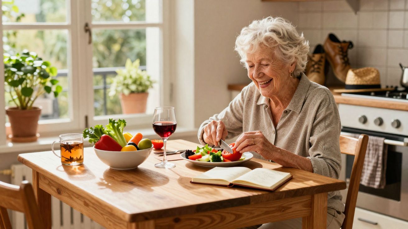 Idosa sorrindo enquanto corta legumes frescos na cozinha iluminada e aconchegante.