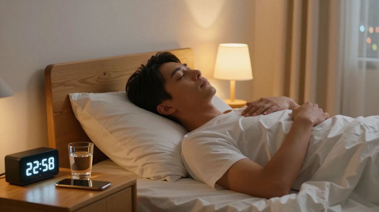 Homem deitado na cama com olhos fechados, relógio marcando 22:58 e abajur aceso ao fundo.