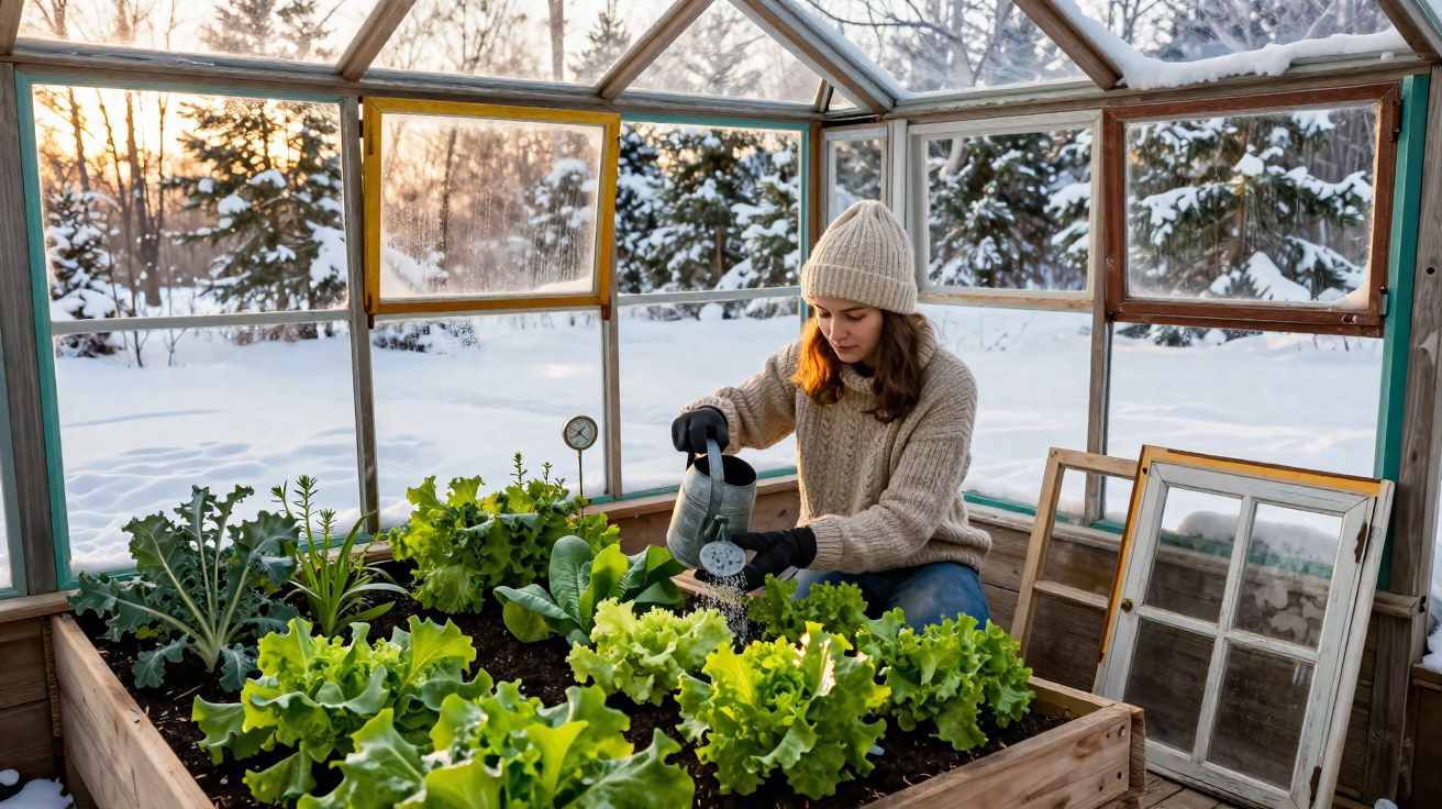 Mulher regando plantas em estufa de madeira com neve no jardim ao fundo durante o inverno.