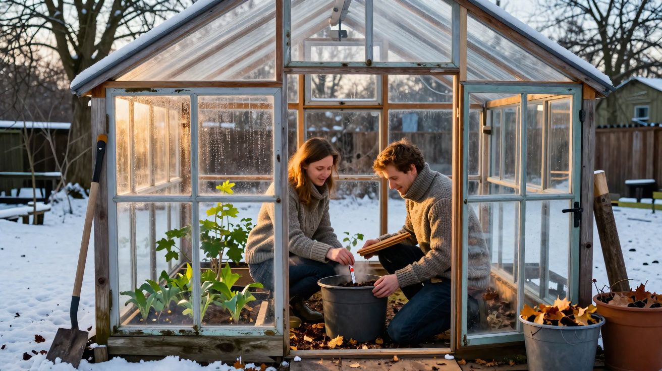 Casal plantando em estufa de vidro cercada de neve ao entardecer em ambiente externo.