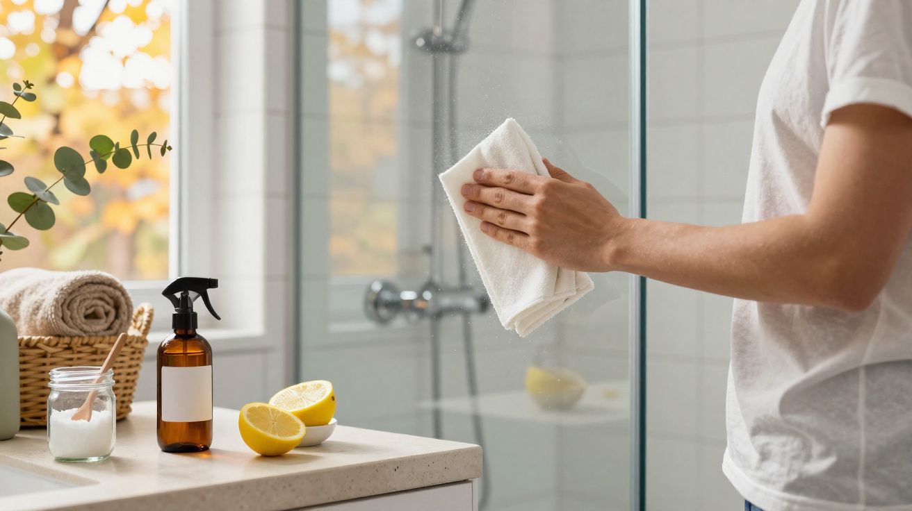 Pessoa limpando vidro de box de banheiro com pano branco, limão e produtos de limpeza sobre bancada.