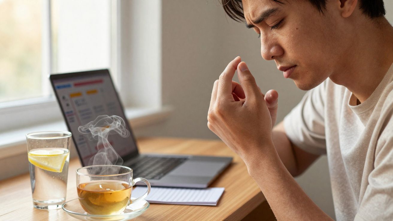 Homem sentado à mesa, segurando a garganta com expressão de desconforto, com laptop, água e chá.