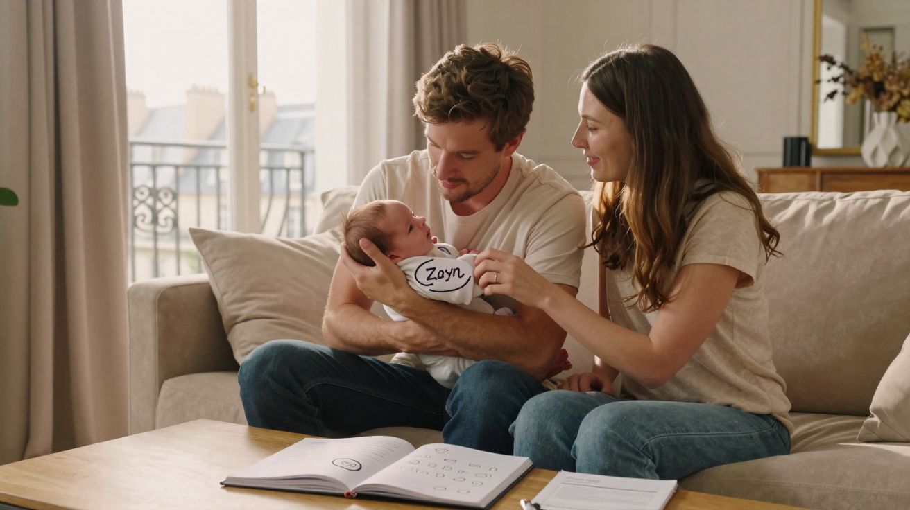 Casal sorridente segurando bebê sentado no sofá em sala de estar iluminada e aconchegante.