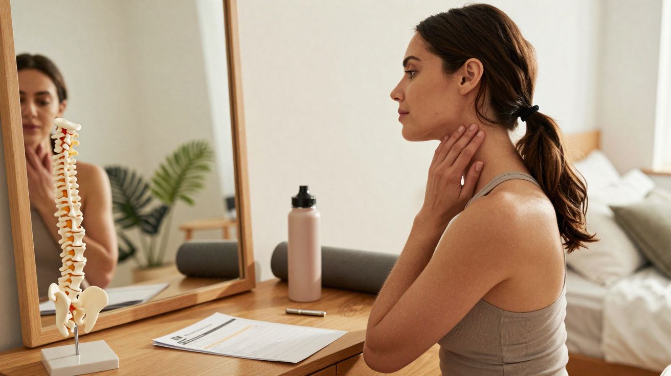 Mulher olhando para espelho ao lado de modelo de coluna vertebral em mesa com documentos e garrafa.