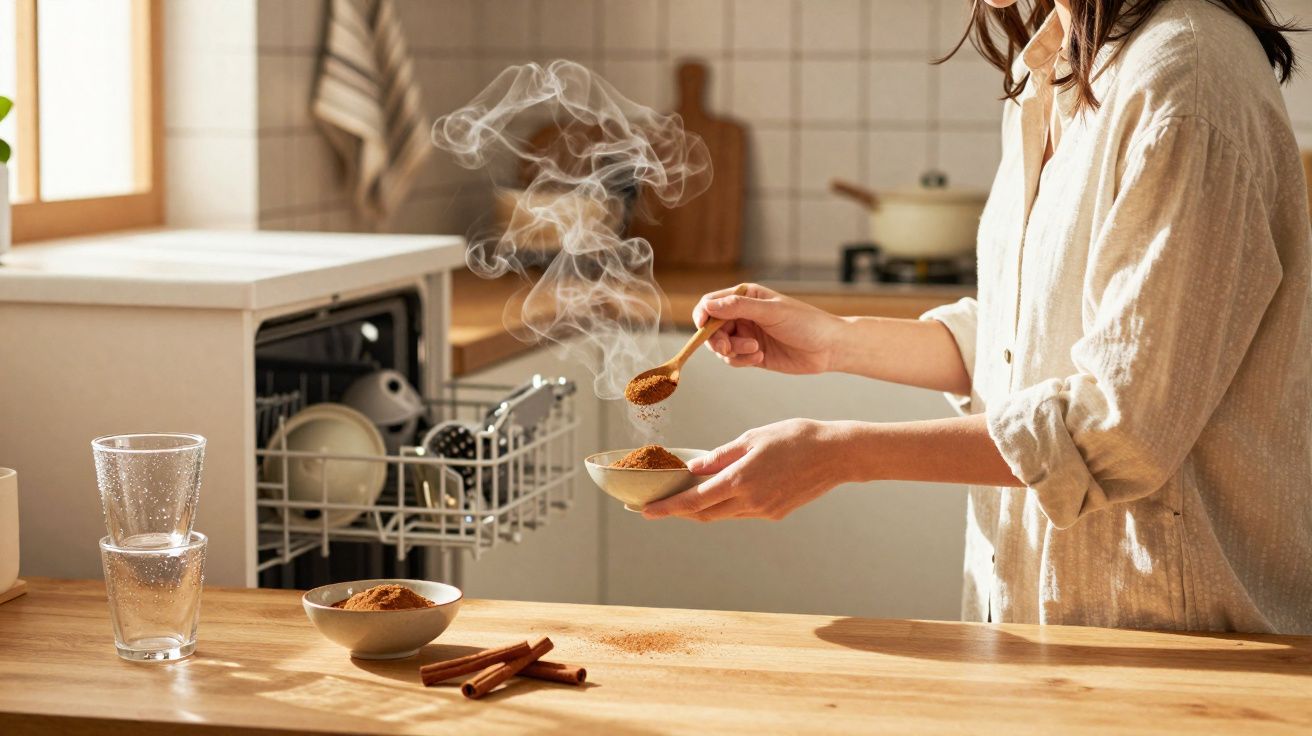 Pessoa colocando canela em pó em uma tigela com vapor saindo, em cozinha iluminada naturalmente.