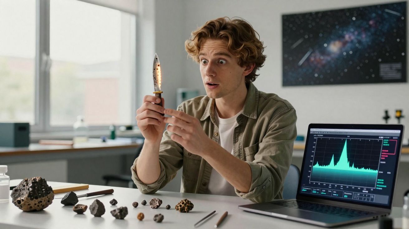 Homem surpreso examina uma faca em laboratório com diferentes tipos de rochas e computador ao fundo.
