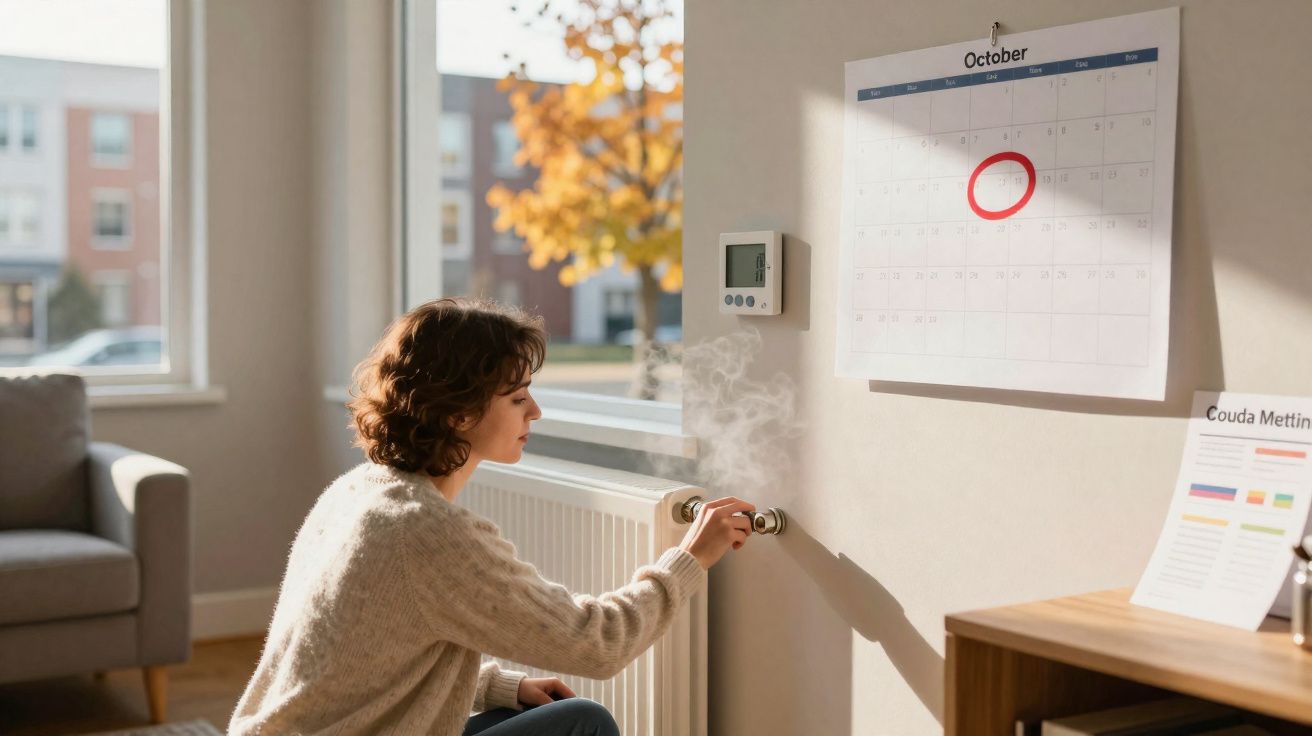 Mulher ajusta aquecedor perto da janela em sala iluminada com calendário marcado no dia 15 de outubro.
