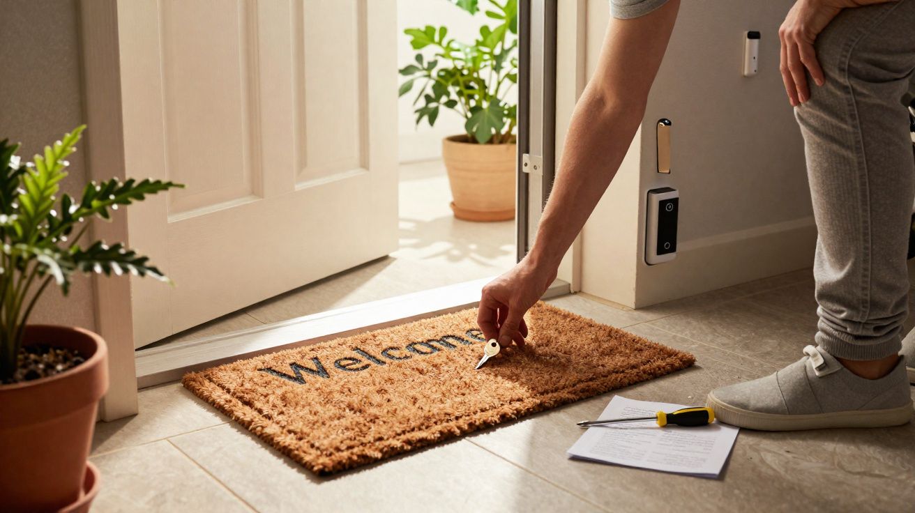Pessoa pega chave sobre tapete de entrada com planta e documentos próximo à porta aberta.