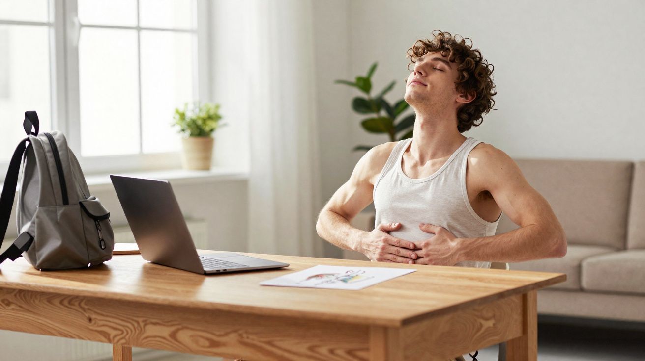 Jovem sentado à mesa com laptop e mochila, fazendo exercício de respiração e relaxamento em ambiente iluminado.