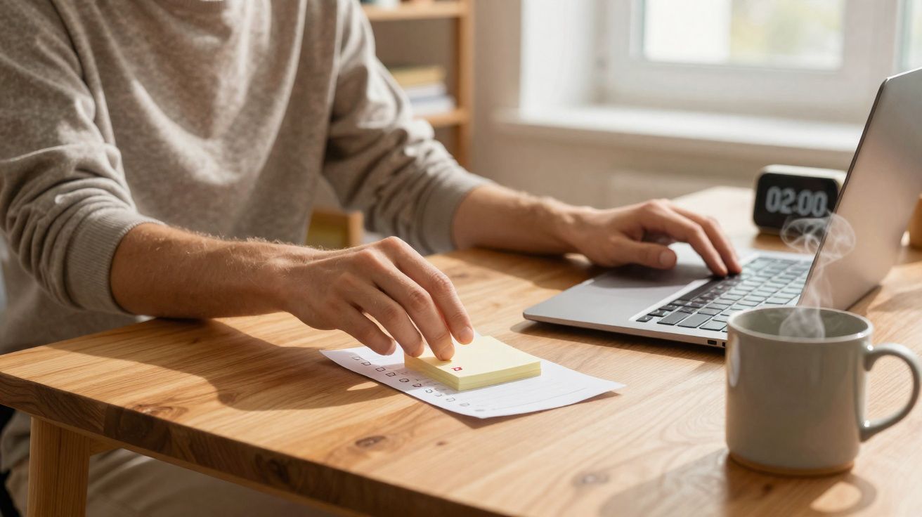 Pessoa trabalhando em laptop com anotações e caneca de café sobre mesa de madeira clara.
