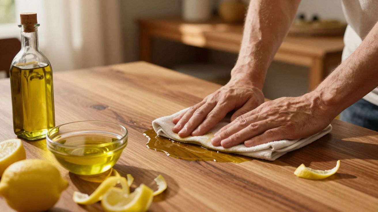Mãos limpando óleo derramado na mesa de madeira com pano, ao lado de limões e azeite.