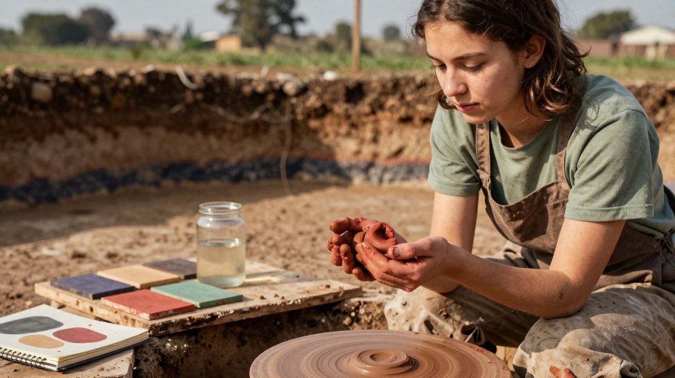 Jovem trabalhando com barro em roda de oleiro ao ar livre, com materiais artísticos ao lado.