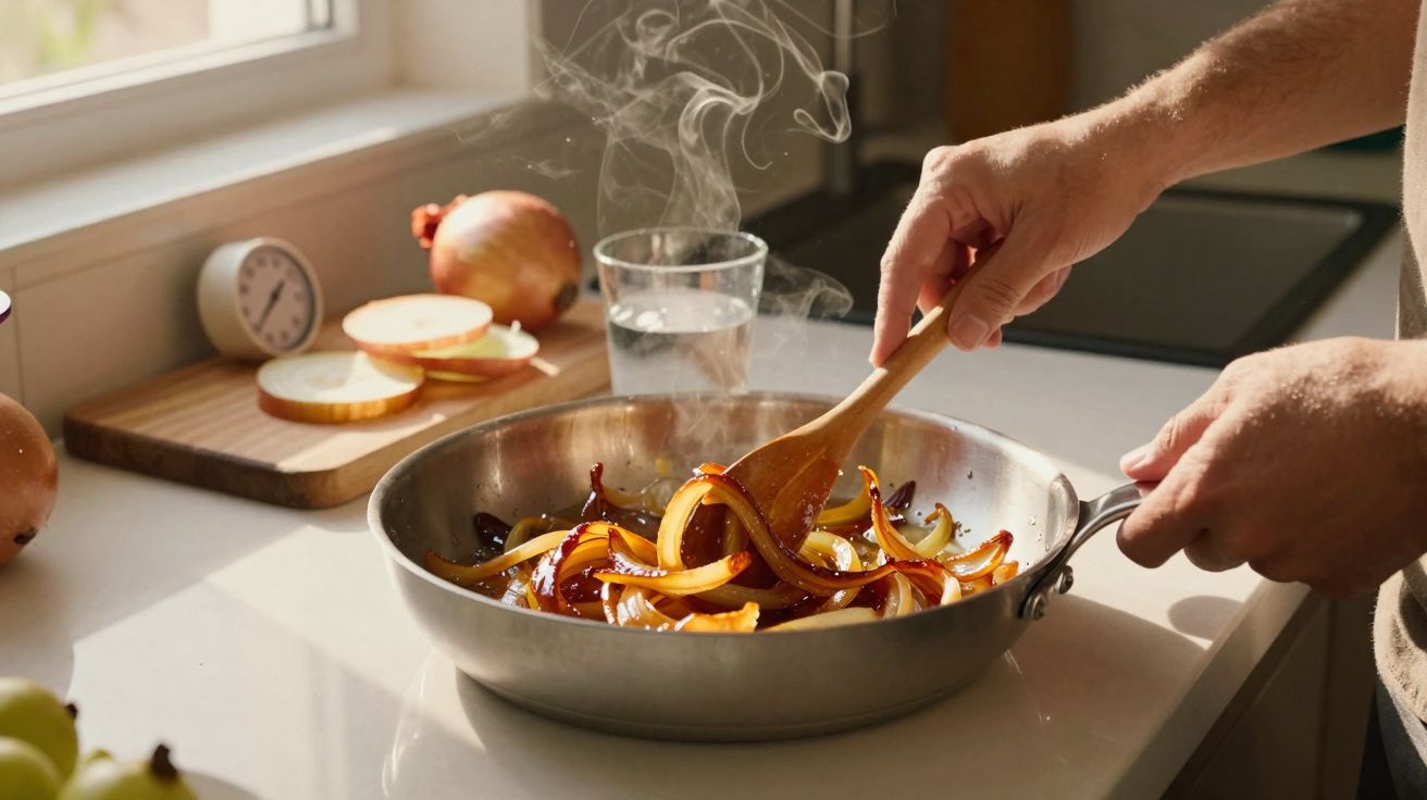 Mãos mexendo cebolas douradas e caramelizadas em frigideira com espiral de fumaça na cozinha iluminada.
