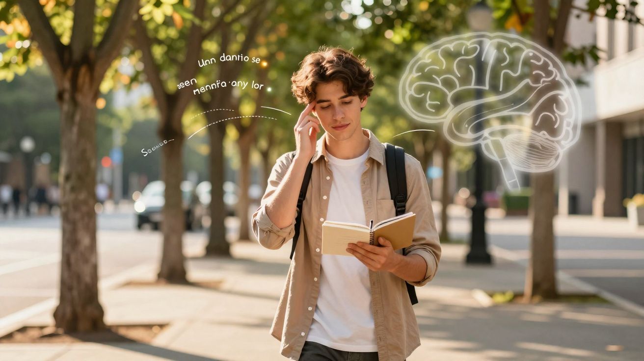 Jovem estudando ao ar livre com mochila, segurando um caderno, com ilustração de cérebro ao lado.