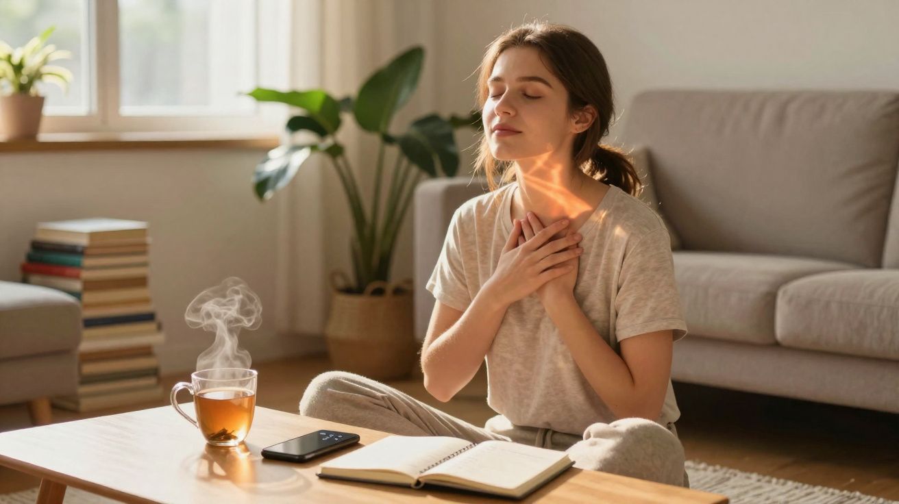 Mulher meditando no chão da sala, com chá quente, celular e caderno à frente em uma mesa baixa.