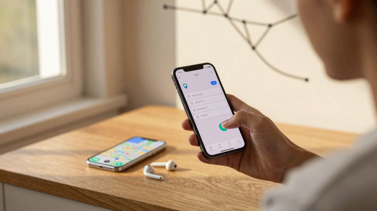 Pessoa segurando smartphone com aplicativo de localização aberto, mesa de madeira com outro celular e fone sem fio.