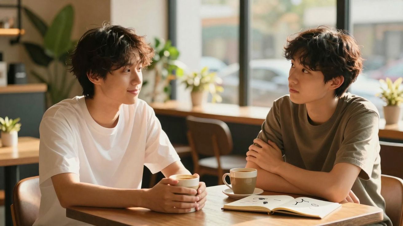 Dois jovens sentados em uma cafeteria conversando, com xícaras e livro aberto na mesa.