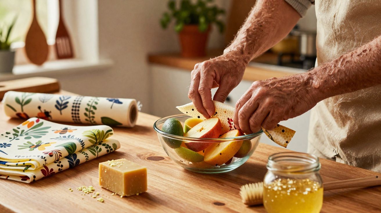 Pessoa envolvendo fatias de maçã com pano limpo em cozinha iluminada, ao lado de queijo e mel.