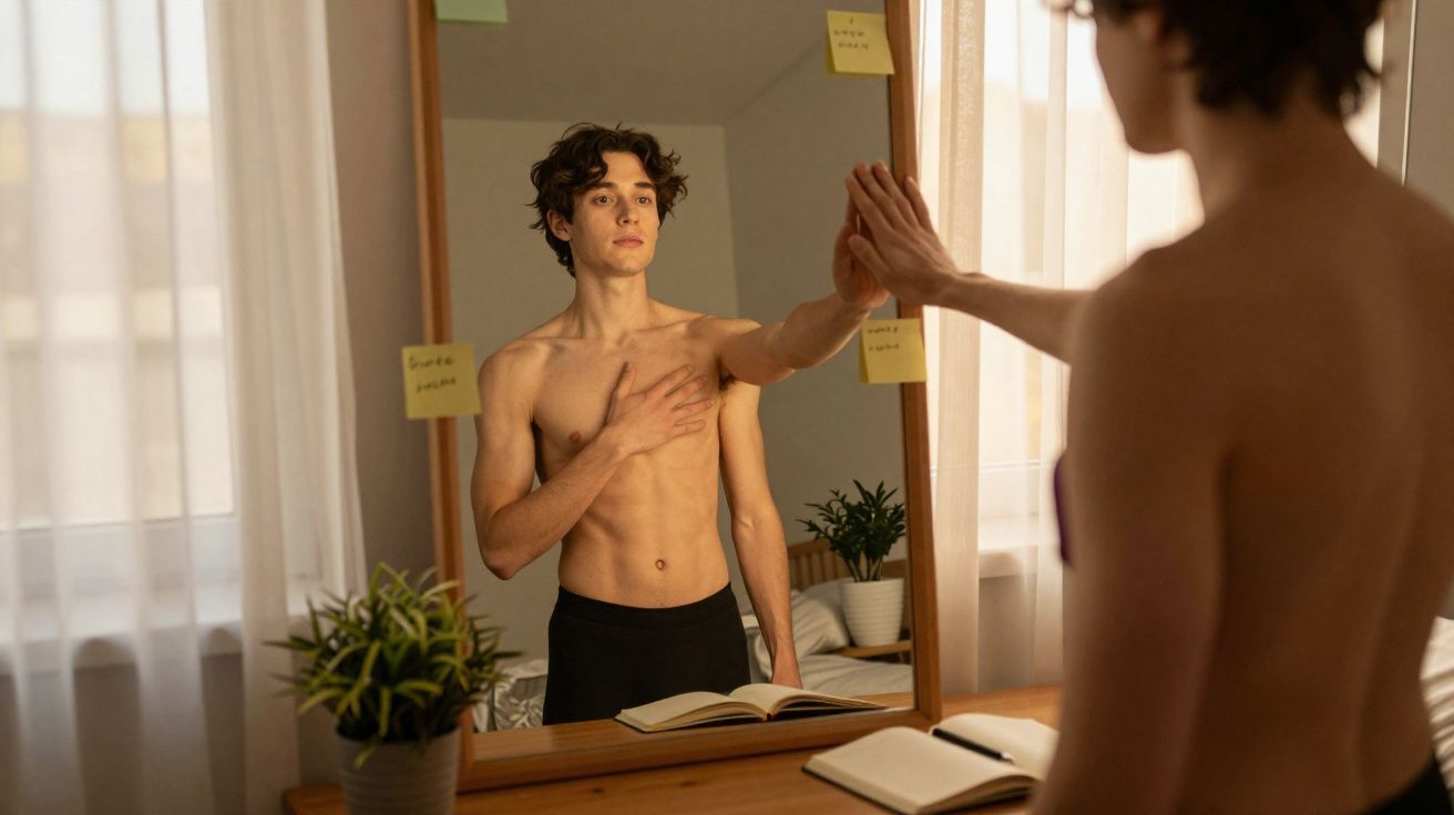 Jovem magro e sem camisa toca o próprio reflexo em um espelho, com post-its ao redor.