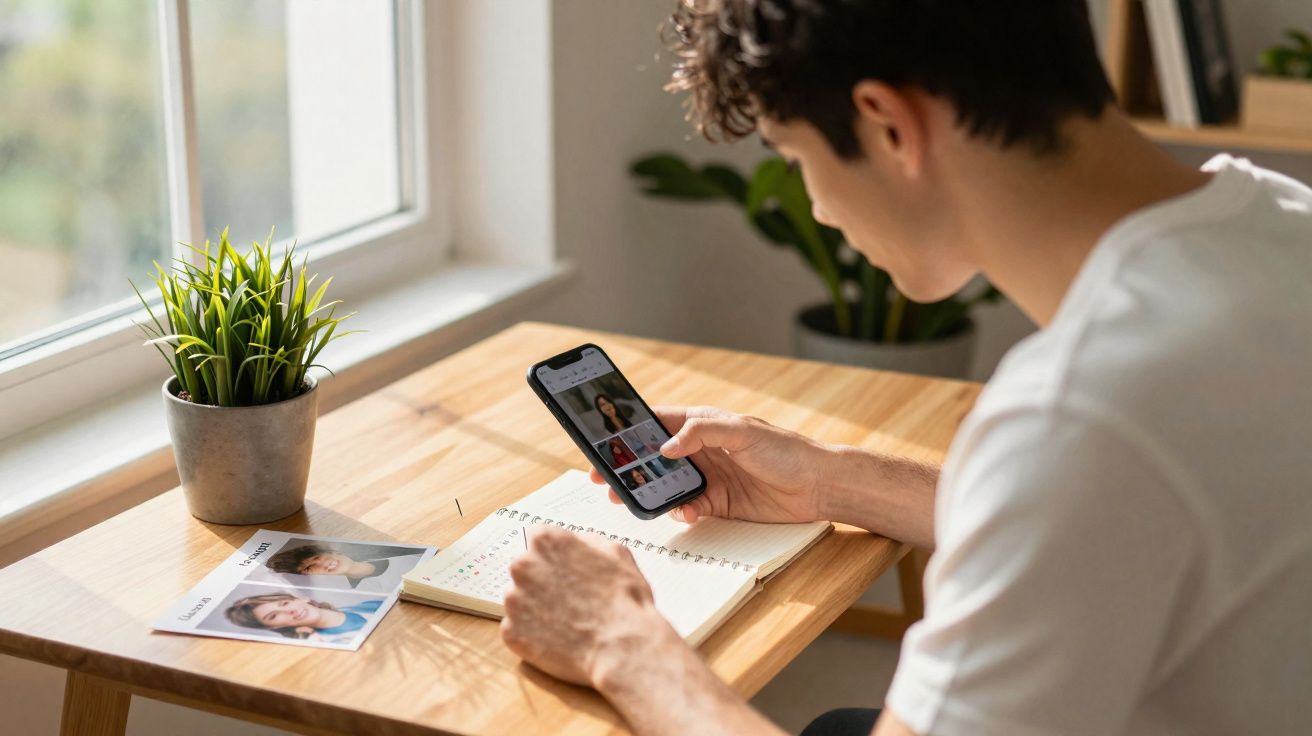 Pessoa sentada à mesa com celular e caderno, ao lado de fotos impressas e planta em vaso junto à janela.