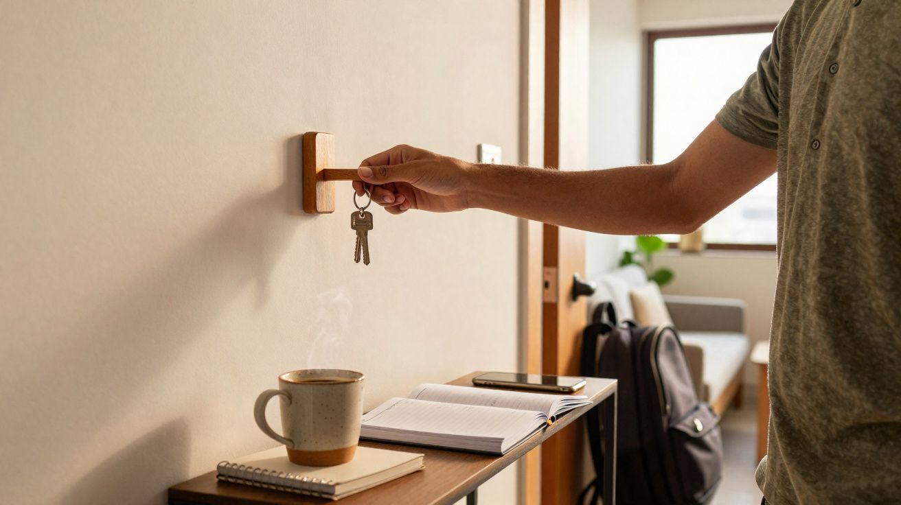 Pessoa segurando chaves em suporte de parede próximo a mesa com livro, caderno, celular e xícara de café fumegante.