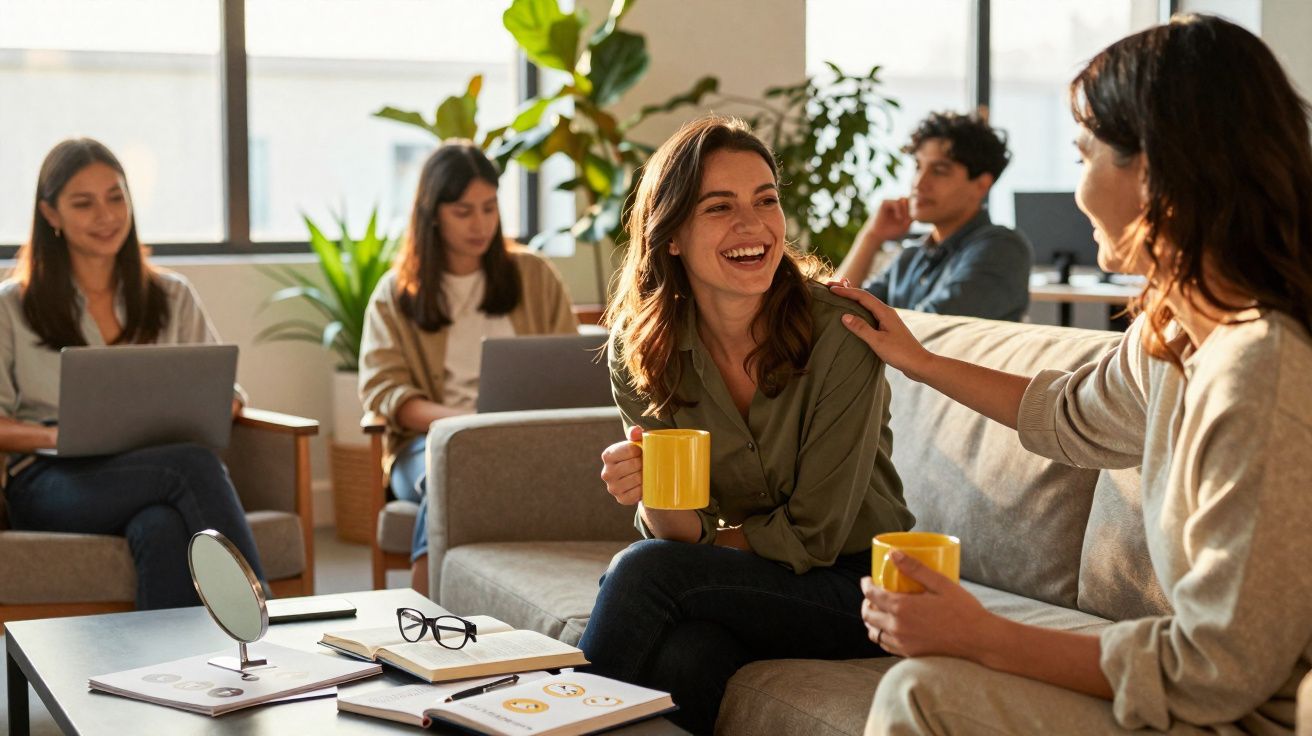 Duas mulheres conversando e tomando café em escritório enquanto outras pessoas trabalham ao fundo.