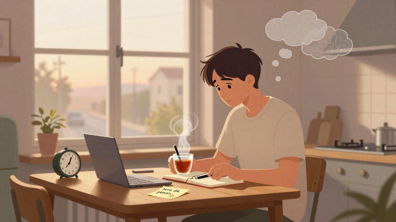 Jovem pensativo estudando na cozinha com laptop, chá quente e anotações em dia ensolarado.